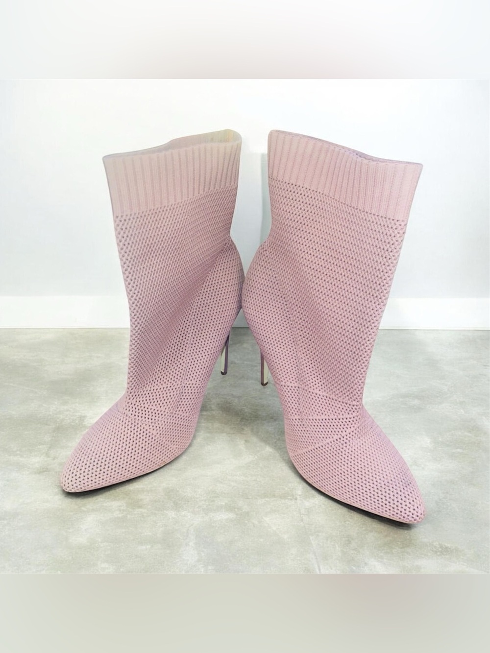 Knit Stretch Pointed-Toe Ankle Boots - Pink
